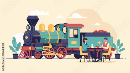 A vintage train and two people dining at a table next to it
