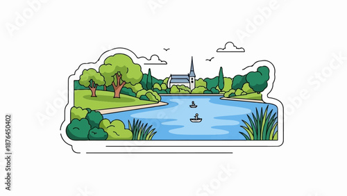 A picturesque landscape featuring a serene lake, lush trees, and a charming village church