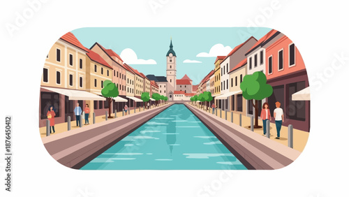 A picturesque canal lined with historic buildings and people strolling along the walkways on a sunny day