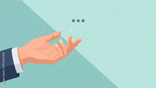 A person's hand wearing a suit sleeve gestures towards three floating blue dots