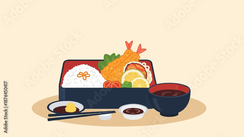 A visually appealing bento box with rice, fried shrimp, and side dishes