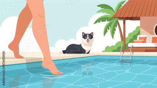 A person's feet touch the water of a pool, a dog rests nearby, a palm tree and cabana are in background