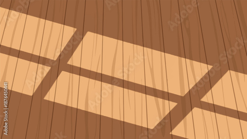 A warm, brown wooden floor with angled light patterns casting shadows across the surface