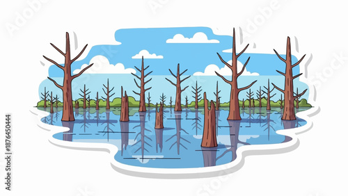 A stylized swamp scene with bare trees in calm water under a blue sky