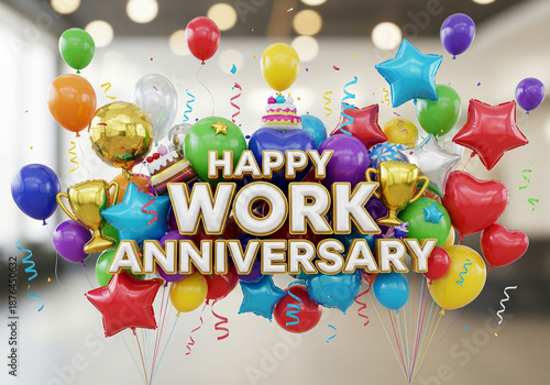 Colorful balloons and confetti surround the text 