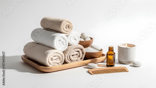 Self-care ritual setup with smooth towels and wooden elements, neutral tones, white studio background.