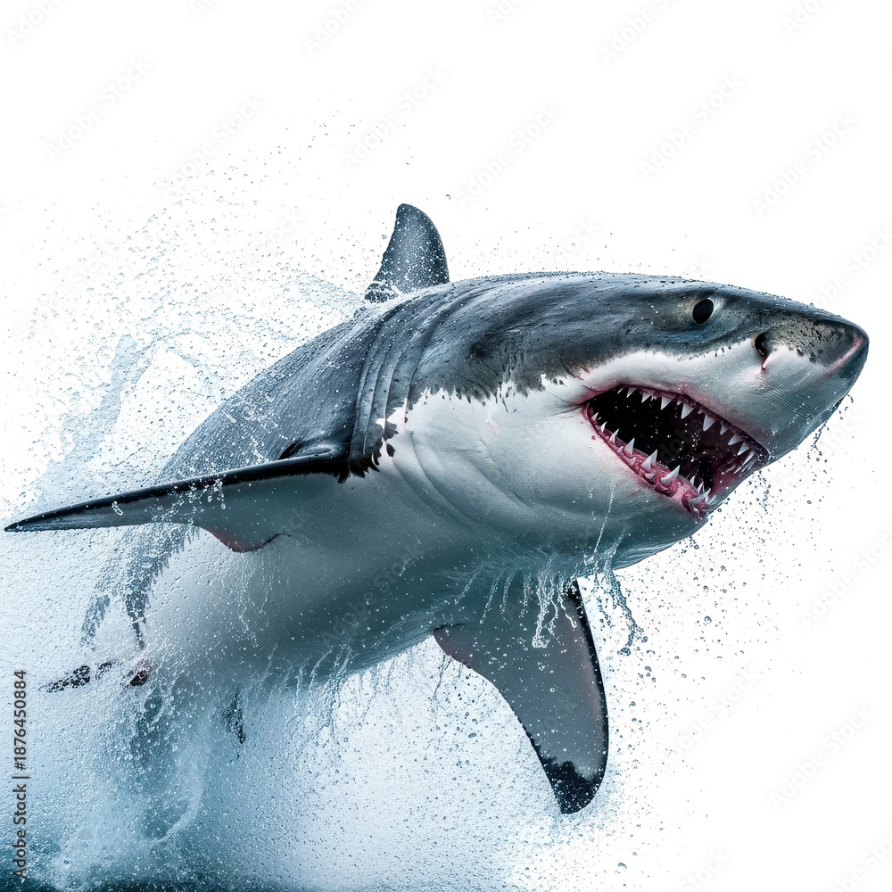 Obraz premium Fierce shark jumping out of water with open mouth and sharp teeth