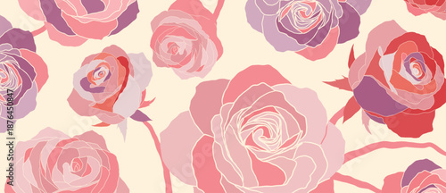 Watercolor roses vector seamless floral pattern with cream background, pink coral red petals, painterly floral texture. Fresh spring summer background design for wallpaper, fabric, wrapping, web.