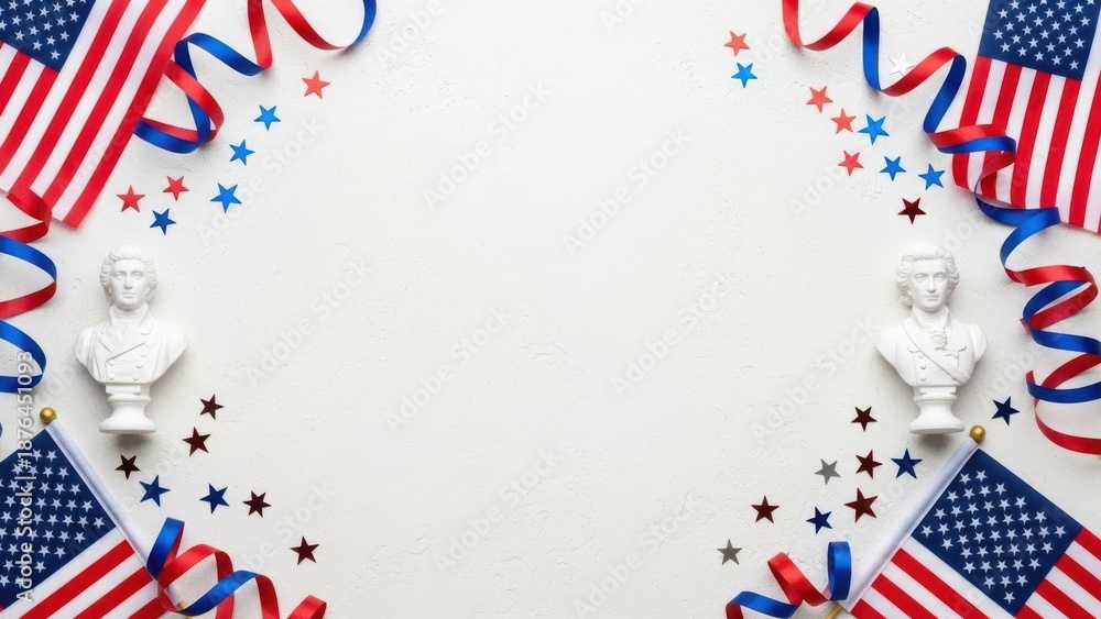Obraz premium Patriotic frame with american flags, ribbons, stars and white busts on white background