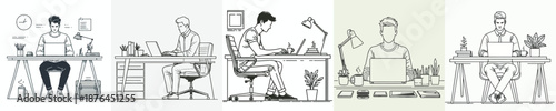 line art of a man with a laptop in a workspace