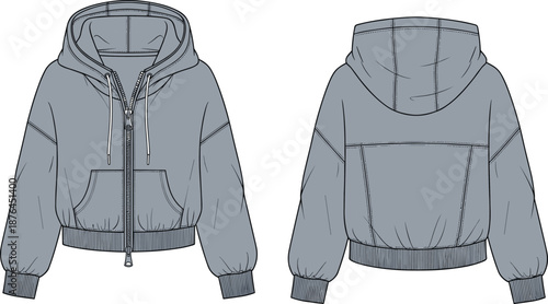 Technical fashion sketch of hooded zip-up jacket front and back view with kangaroo pocket, ribbed hem and cuffs, apparel design template vector