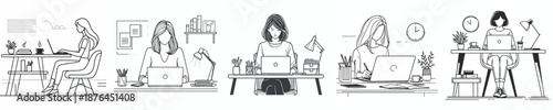 line art of a woman with a laptop in a workspace