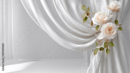 Beautiful white curtain with floral design cascading elegantly in a wedding backdrop setting