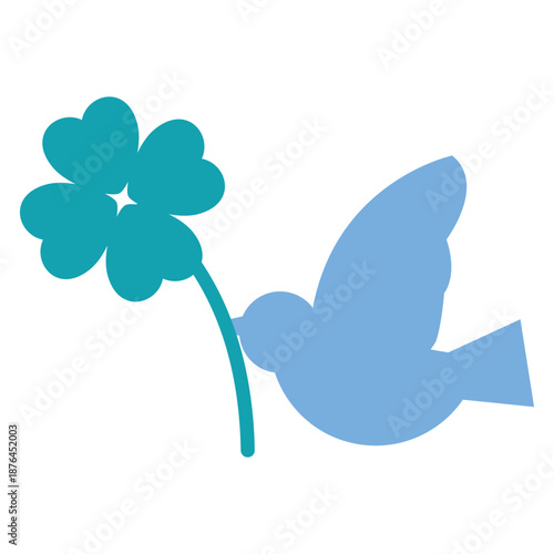 四葉のクローバーを咥えた青い鳥のシンプルなイラスト