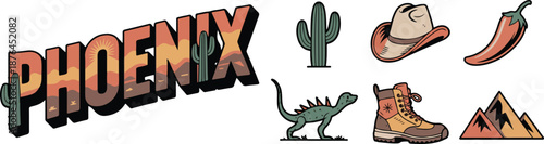 Vibrant vector graphic of western desert icons and text