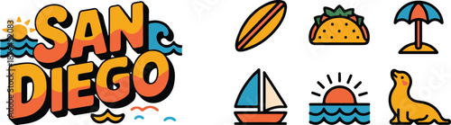 Vibrant san diego icons with surfboard taco umbrella sailboat sunset and seal