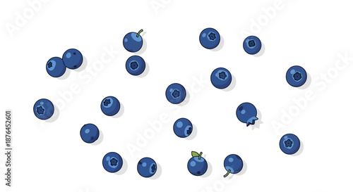A vibrant illustration of fresh blueberries scattered on a white background.