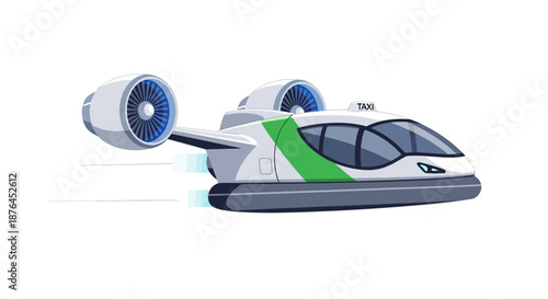 Futuristic flying taxi with powerful jet engines on a white background.