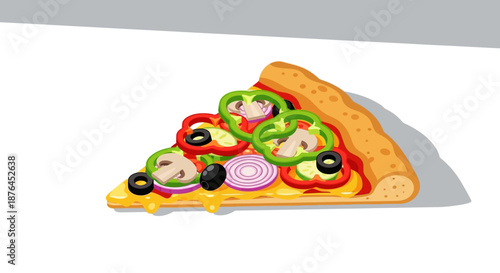 Colorful vegetable pizza slice graphic with fresh toppings on a white background.