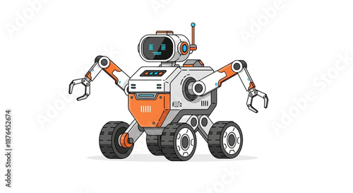 A friendly robot with wheels and robotic arms stands on a white background.