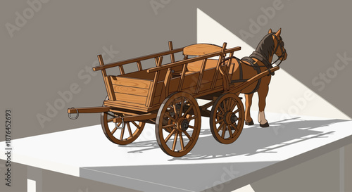 A traditional horse-drawn cart made of wood stands in a stylized setting.