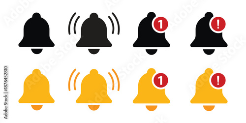 Notification bell icon set. Incoming inbox message. Ringing bell, reminder or subscriber sign for apps, smartphone, alarm alert