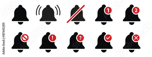 Bell notification icon set. Alarm bell icon set for notification and reminder. Alarm symbol. Reminder icon of ringing bells, sign for incoming inbox messages
