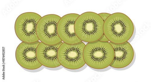 Fresh kiwi slices arranged in rows on a white background