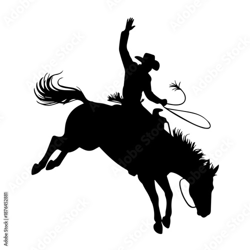 Bold black vector silhouette of cowboy riding bucking bronco, capturing dynamic rodeo action, power, balance, motion