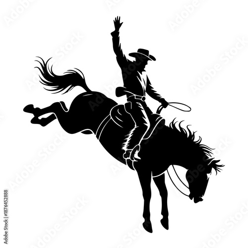 Bold black vector silhouette of cowboy riding bucking bronco, capturing dynamic rodeo action, power, balance, motion