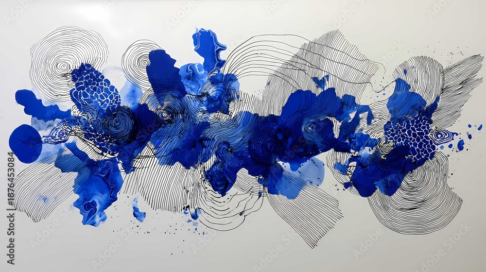 Fototapeta premium Abstract blue ink splashes with geometric line patterns on a light background