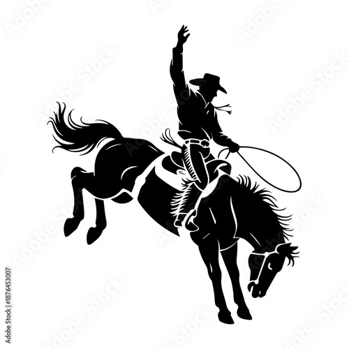 Bold black vector silhouette of cowboy riding bucking bronco, capturing dynamic rodeo action, power, balance, motion