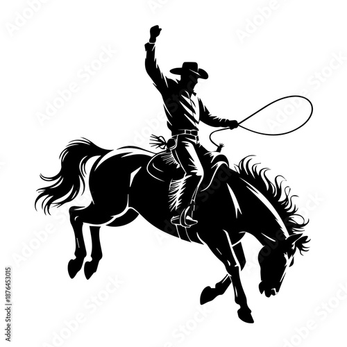 Bold black vector silhouette of cowboy riding bucking bronco, capturing dynamic rodeo action, power, balance, motion
