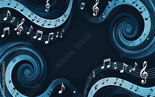 Abstract Flowing Musical Staff with Notes and Clefs, Dynamic Blue Wave Melody BackgroundPrint