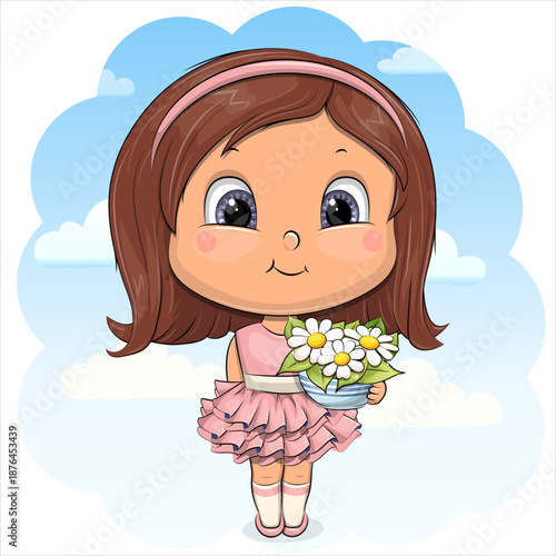 Cute cartoon Girl in pink dress with flower pot. Vector illustration of a little woman on blue background with clouds.