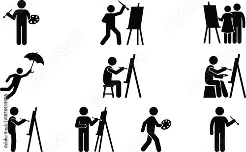 Artist painting icons set showing people drawing on easels with brushes palettes isolated on white background creative art vector illustration
