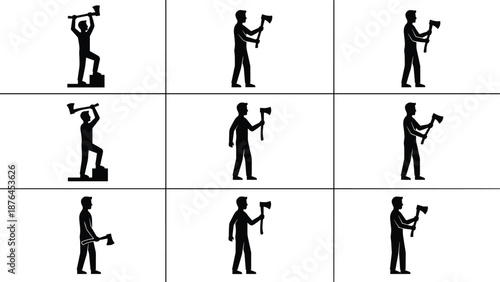 Axe worker silhouette sequence showing wood chopping poses isolated on white background forestry labor vector illustration set icons collection design
