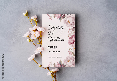 Wedding Invitation Card Mockup with Watercolor Flowers