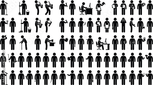 Black stick figure icons showing diverse roles in caregiving, domestic work, reading, cooking, cleaning, and everyday human activities