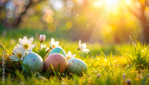 Colorful Easter Eggs and White Spring Flowers in Green Grass Under Golden Sunlight