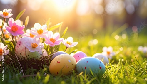 Colorful Easter eggs hidden in lush green grass with spring flowers and bright sunlight