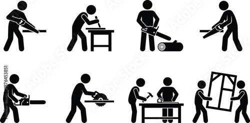 Construction worker carpentry icons showing manual labor wood cutting and workshop tasks isolated on white background vector illustration set design