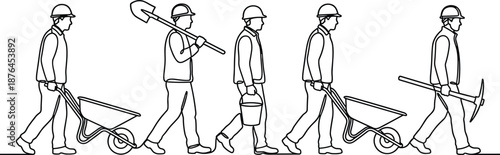 Construction worker outline illustration sequence carrying tools wheelbarrow and shovel isolated on white background labor workflow vector design
