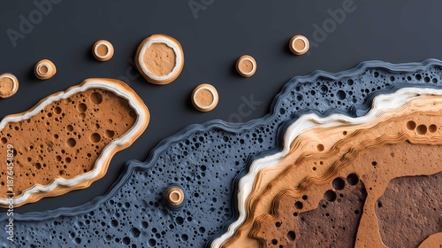 Abstract top-down view of layered rock fragments and foamy water