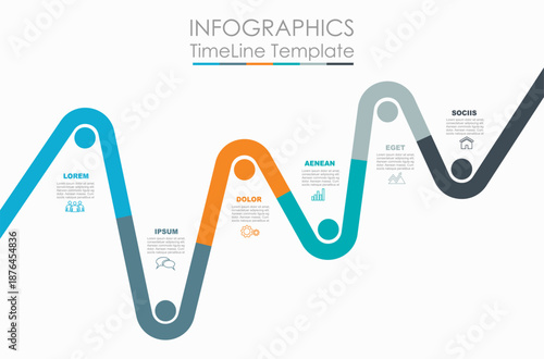 Modern wavy timeline infographic template with colorful segments, icons, and text blocks for visualizing project stages or historical events. Vector illustration.