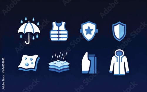 Waterproof and Water Resistant Icon Set for Fabric and Protection.Print