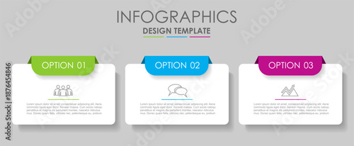 Infographic template with three colorful options, icons, and text boxes for comparing features, services, or business choices. Vector illustration.