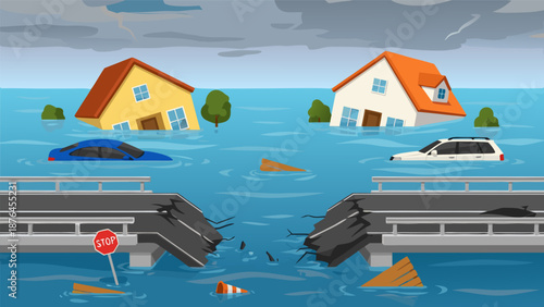 Vector illustration of a flooded town with submerged houses and cars, damaged bridge with stop sign and traffic cones, natural disaster concept