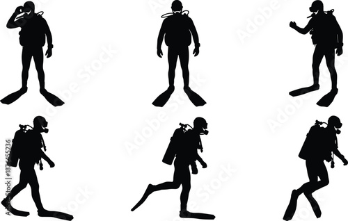 Scuba Diver Silhouettes Set Featuring Standing and Motion Poses with Tanks, Masks, and Fins for Underwater Activity Illustrations