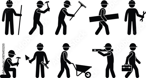 Silhouette icons of construction workers performing various tasks with tools, hard hats, and equipment in black vector style